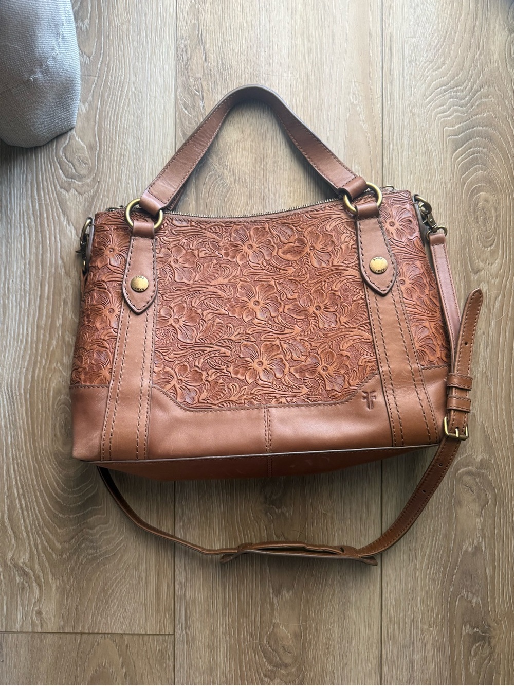 Frye Melissa Tooled Floral Leather Satchel in Brown